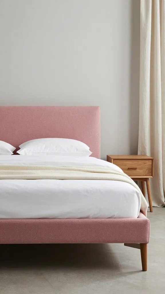 A modern pink bed frame in dusty rose with crisp neutrals: white duvet, cream throw, light gray walls, and a single minimalist bedside table in wood, plus a sheer linen curtain panel for texture.