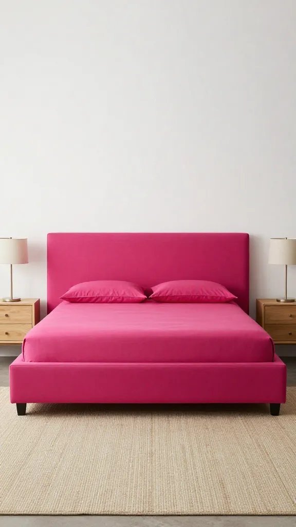 A bold magenta-pink platform bed with a smooth headboard set against a white-washed accent wall, paired with neutral bedside lamps, pale wood nightstands, and a textured beige rug.