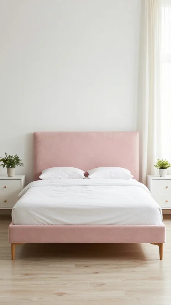A pastel pink bed frame with a pale velvet headboard, flanked by matching white nightstands, soft natural lighting, and airy off-white drapes; subtle greenery in a small pot for a fresh touch.