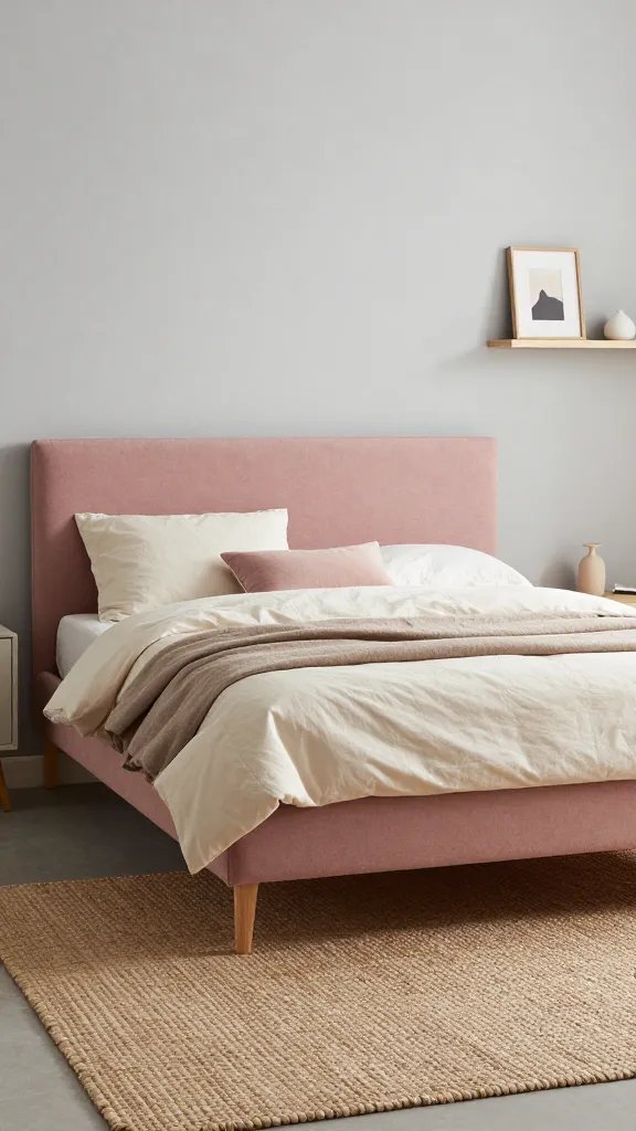 A pink-and-neutral layered bedroom: a dusty rose bed frame, ivory bedding with a taupe throw, light gray walls, and a woven jute rug, plus a simple floating shelf with minimal decor.