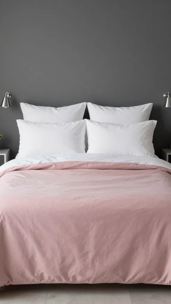 A chic, grown-up pink bed in a calm rose shade, balanced by crisp white linens, charcoal gray accent wall behind the bed, and minimalistic chrome bedside lamps.