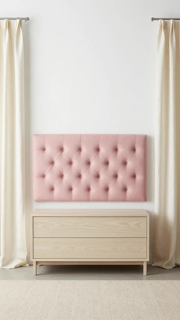 An elegant pink headboard in a muted blush with deep button tufting, paired with cream linen curtains, white walls, and a soft beige rug; a single low-profile dresser in pale wood to complete the look.
