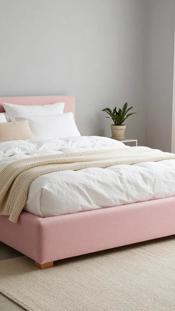 A cozy pink platform bed surrounded by neutral textiles: white duvet, cream knit throw, light gray walls, chunky beige rug, and a potted plant on a slim nightstand for a touch of nature.