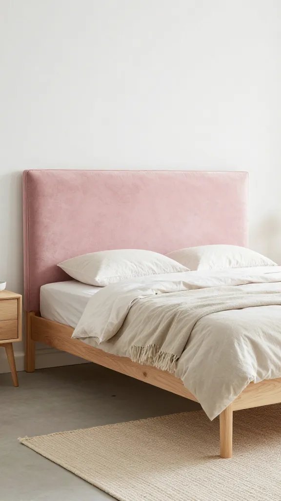 A serene bedroom setup featuring a pale pink velvet headboard against white walls, with light wood bed frame, neutral bedding, and a delicate woven rug; soft daylight and minimal accessories.