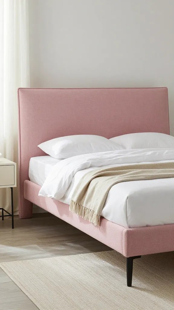 A sophisticated pink bed frame in a muted rose, paired with crisp neutrals: white bedding, beige throw, off-white curtains, and a slim, uncluttered nightstand; subtle texture from a linen curtain and rug.