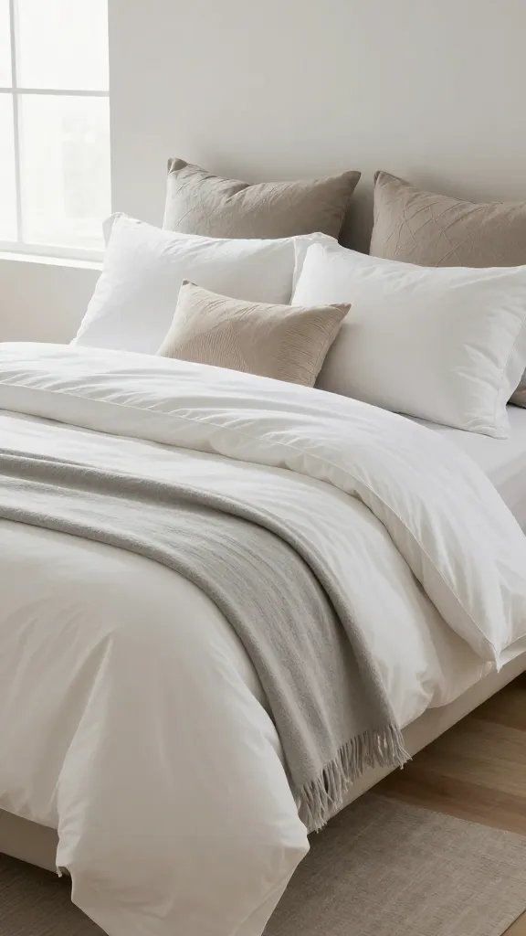 How to Make a Bed Like a Designer That Actually Looks Effortless 1 A neatly made bed in a calm neutral-toned bedroom, with a high-quality white duvet, a folded light gray throw at the foot, and mismatched but cohesive pillow shouts in varying textures, styled with soft morning light coming from a nearby window.