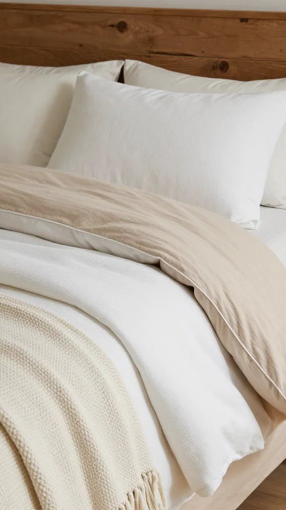 How to Make a Bed Like a Designer That Actually Looks Effortless 3 Close-up shot of a layered bed with a breathable white percale sheet set, a cotton duvet cover in oatmeal, a lightweight knitted throw, and a rustic wooden headboard, emphasizing texture contrasts and a calm color palette.