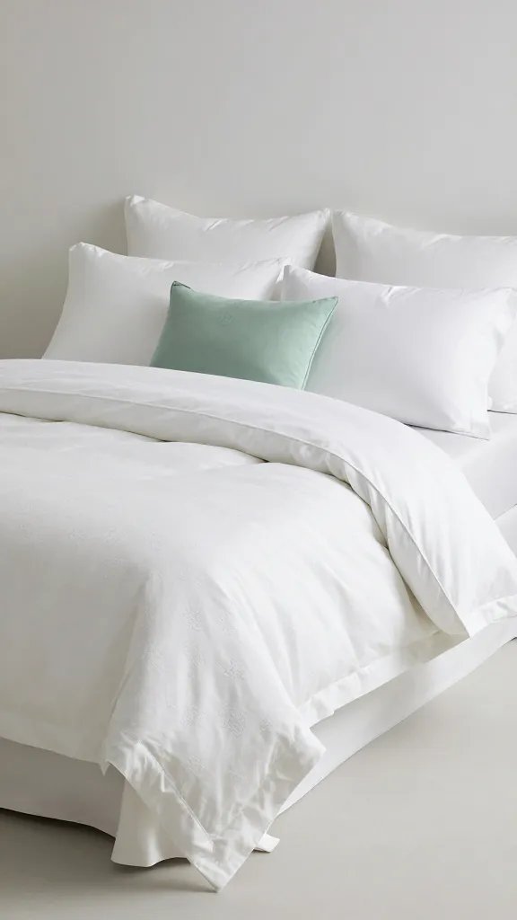 How to Make a Bed Like a Designer That Actually Looks Effortless 4 A designer-inspired bed setup in a minimalist room: crisp white linens, a subtly patterned duvet, a single accent pillow in sage green, and a tailored bed skirt, all under soft ambient lighting.