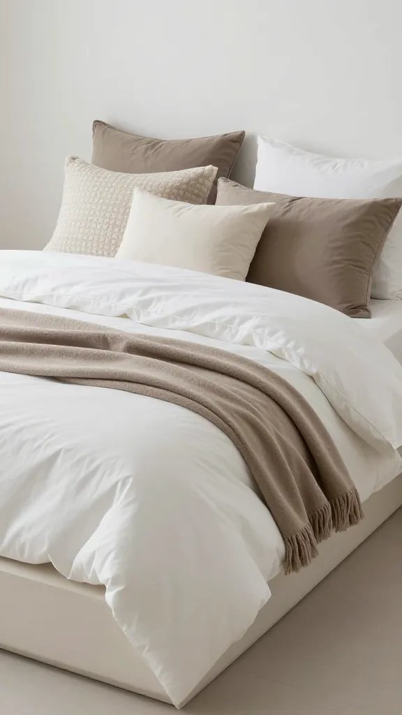 How to Make a Bed Like a Designer That Actually Looks Effortless 5 A cozy bed arrangement that looks effortless: plush layering with a fluffy white duvet, a taupe blanket draped neatly, and an assortment of pillows in varying sizes and textures, on a platform bed with clean lines.