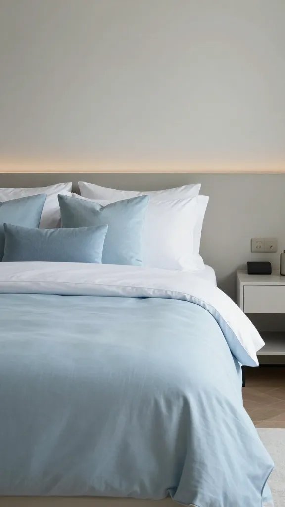 How to Make a Bed Like a Designer That Actually Looks Effortless 6 An elegant hotel-style bed in a tranquil bedroom, featuring white linen sheets, a pale blue duvet cover, a few coordinating accent cushions, and a simple, uncluttered bedside table.