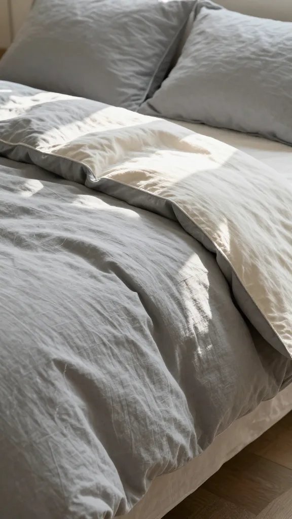 How to Make a Bed Like a Designer That Actually Looks Effortless 7 Morning sunlight streaming across a bed with breathable linen sheets, a cool-toned gray duvet, and a lightweight cream throw, with a focus on breathable textiles and a calm palette.