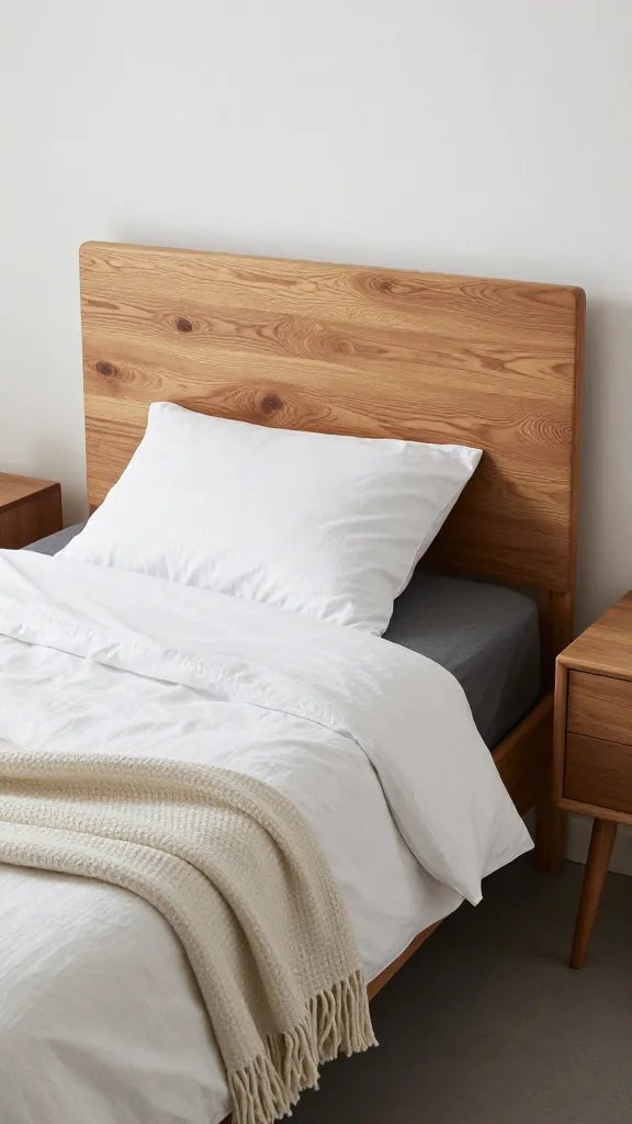 How to Make a Bed Like a Designer That Actually Looks Effortless 8 A designer bed in a small, serene space: compact nightstands, a knotty wood headboard, white linens, charcoal-gray sheets, and a textured wool blanket folded at the foot.