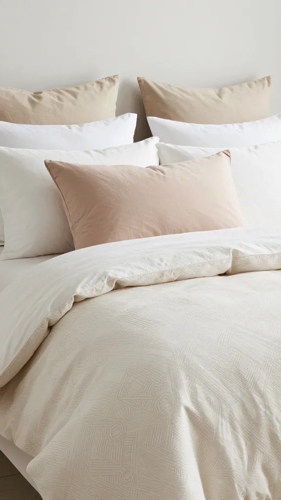 How to Make a Bed Like a Designer That Actually Looks Effortless 9 A bed dressed in a calm palette of whites and warm beiges, with a subtle geometric duvet pattern, matching shams, and a soft blush throw pillow for a gentle pop of color.
