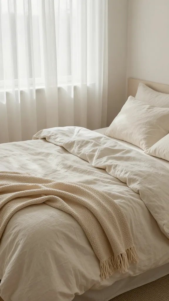 How to Make a Bed Like a Designer That Actually Looks Effortless 10 A cozy, inviting bed in a light-filled room with sheer curtains, breathable cotton sheets, a linen duvet cover, and a single natural fiber throw, showing a lived-in yet tidy look.