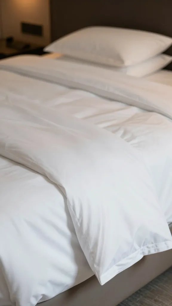 A hotel-inspired bedroom with a neatly made bed featuring a fitted sheet, crisp white flat sheet, and a perfectly sized duvet, neutral palette, folded top sheet visible, soft ambient lighting, no text.