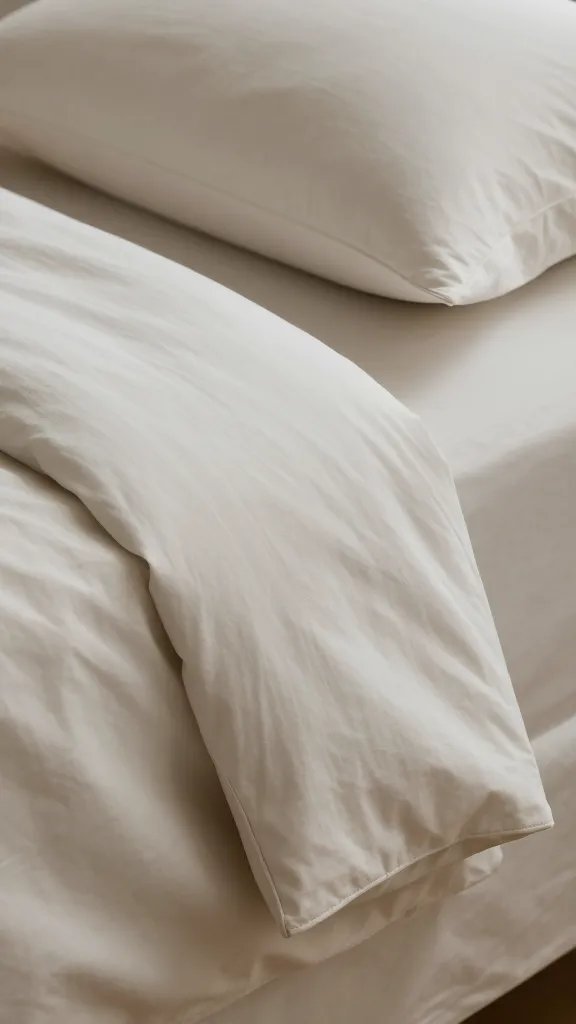 Close-up of a bed corner showing tucked sheets with crisp corners, a high thread-count percale cotton sheet set, and a duvet lightly fluffed at the foot, neutral tones and subtle shadows.