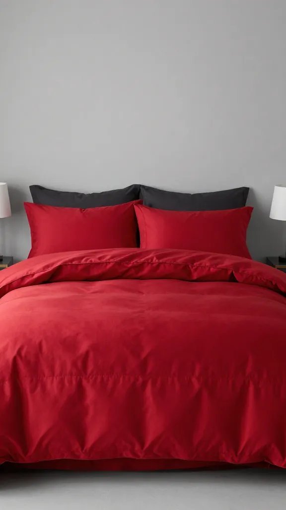 A bed with a bold colored duvet cover against a soft gray wall, layered with a matching flat sheet and a plush, oversized comforter folded at the end, minimalist bedside lamps.