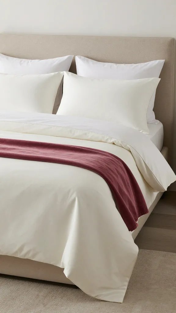 A bed setup featuring contrasting textures: cotton percale sheets paired with a fluffy duvet and a velvet throw at the foot, neutral base with a single accent color, modern headboard.