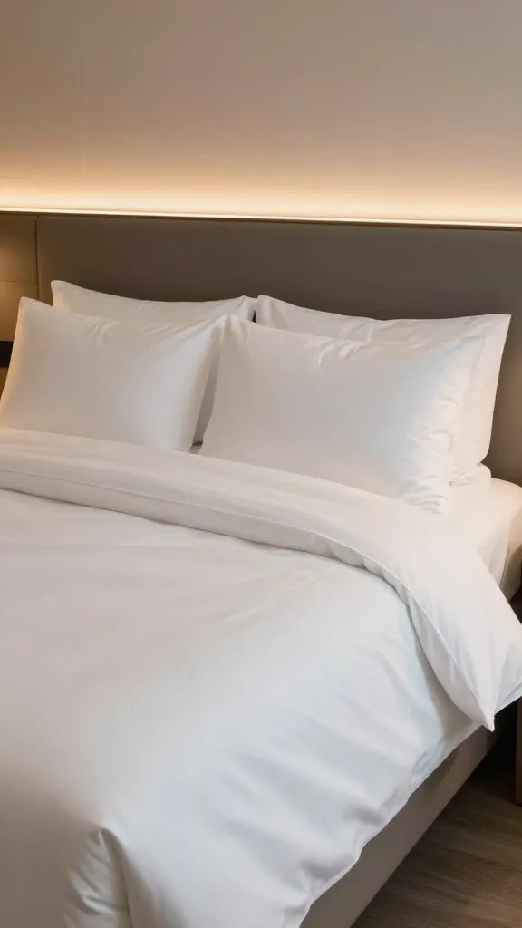A serene hotel-style bed with a tucked-in sheet, a duvet sized exactly to the bed, two layers of pillows with crisp pillowcases, and a soft, oversized headboard glow.