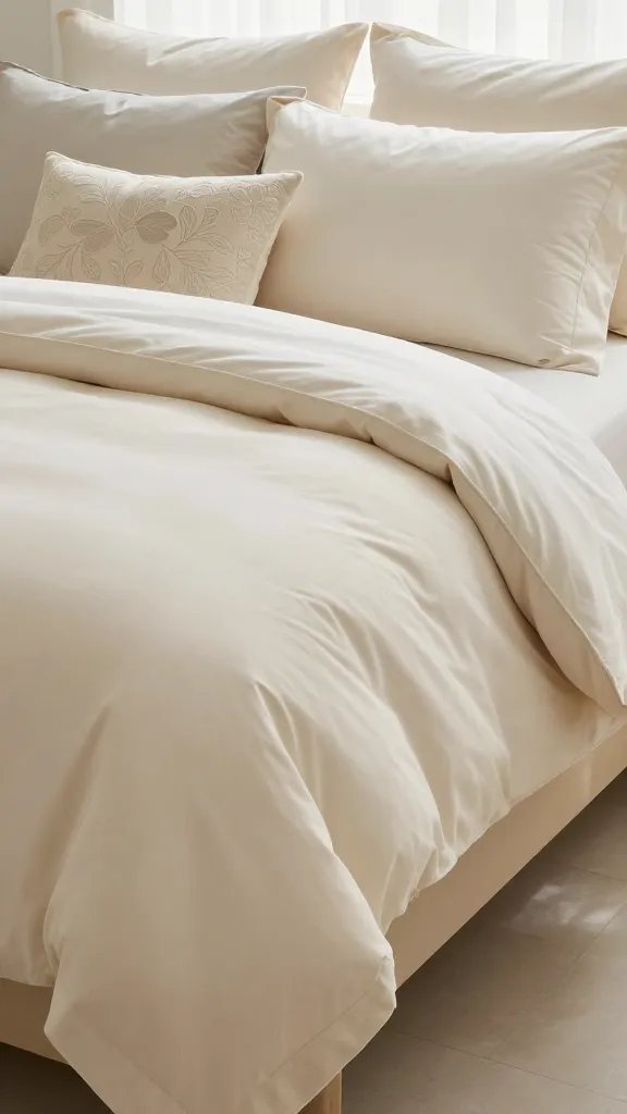 A morning-ready bed with a perfectly aligned top sheet fold and a duvet folded back halfway, coordinating decorative cushions, soft beige palette, natural daylight.