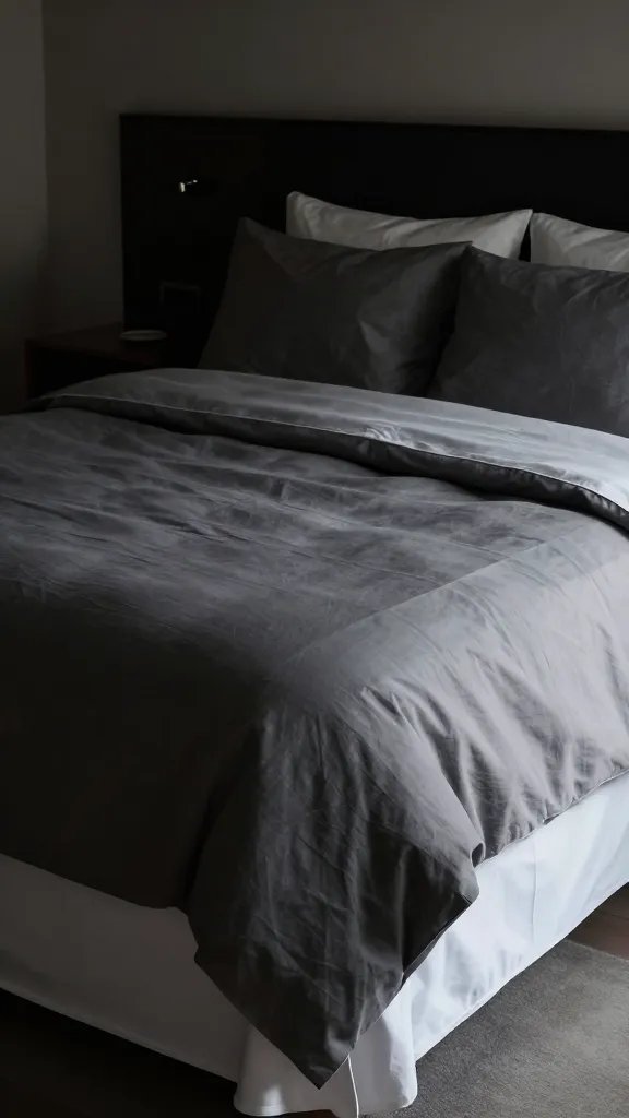 A dramatic layered bed in a dim-lit hotel room: charcoal gray duvet, lighter flat sheet, and a lighter comforter at the foot, crisp white sheets peeking from beneath, minimal decor.