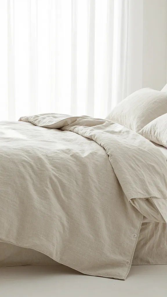 A bed styled for a calm retreat: light linen sheet set, airy duvet, subtle pattern on a neutral duvet cover, buttoned-up corners, soft morning light through sheer curtains.