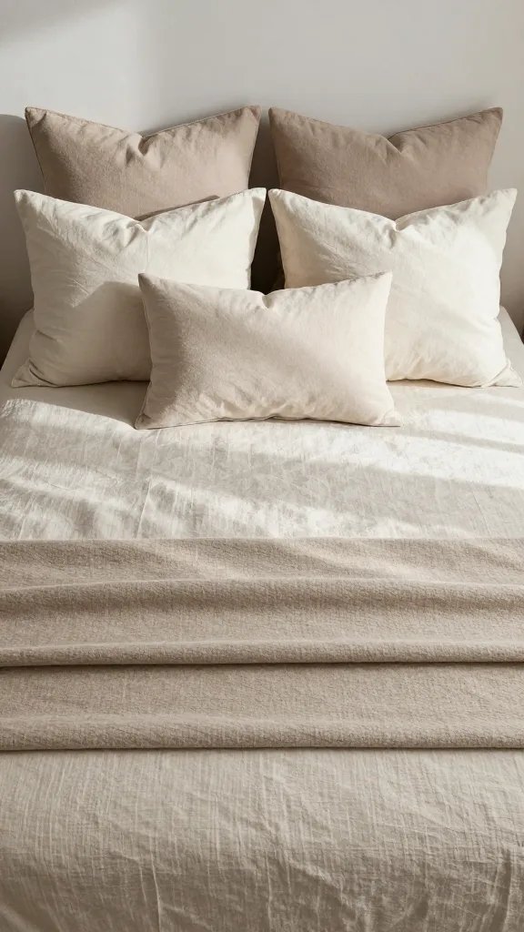 How to Layer Bedding for Cozy, Effortless Nights 4 A cozy bed setup in a modern bedroom: linen flat sheet, wool blend throw blanket at the foot, and several plush pillows arranged symmetrically, with natural light casting gentle shadows.