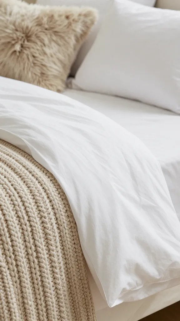 How to Layer Bedding for Cozy, Effortless Nights 6 A tactile close-up of fabric textures: cotton fitted sheet, percale flat sheet, chunky knit throw, and a soft faux-fur pillow, emphasizing warmth and breathability.