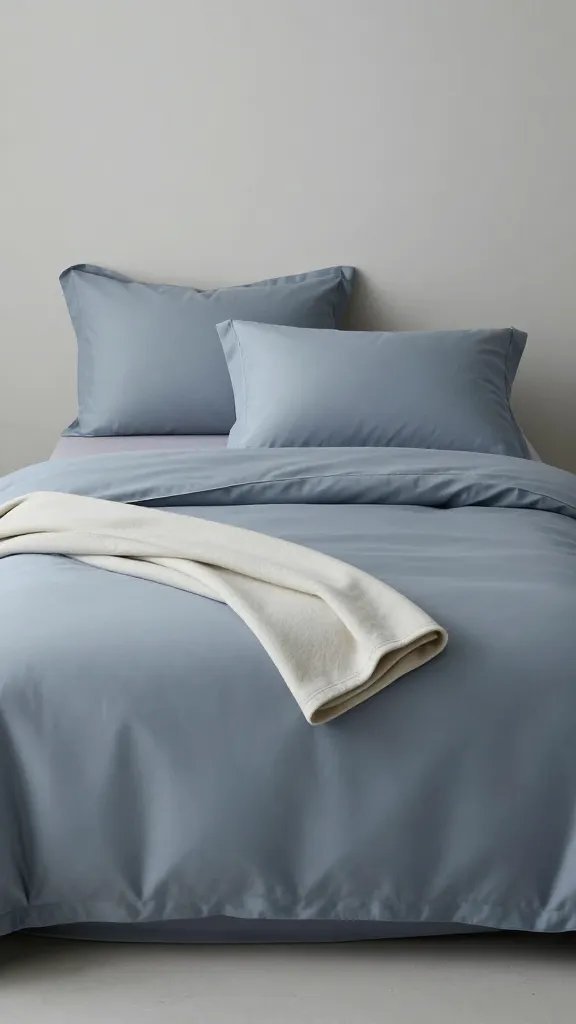 How to Layer Bedding for Cozy, Effortless Nights 7 A bed styled in a minimalist room: cool-toned sheets, a lightweight blanket folded at the side, and a small stack of coordinating pillows, all with a soft matte finish.