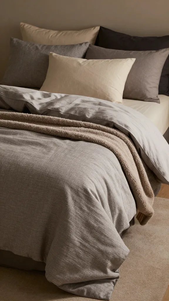 How to Layer Bedding for Cozy, Effortless Nights 8 A cozy night-scene shot: bed with a breathable comforter, a heathered flat sheet, a fuzzy blanket draped across the middle, and a row of pillows in varying heights.