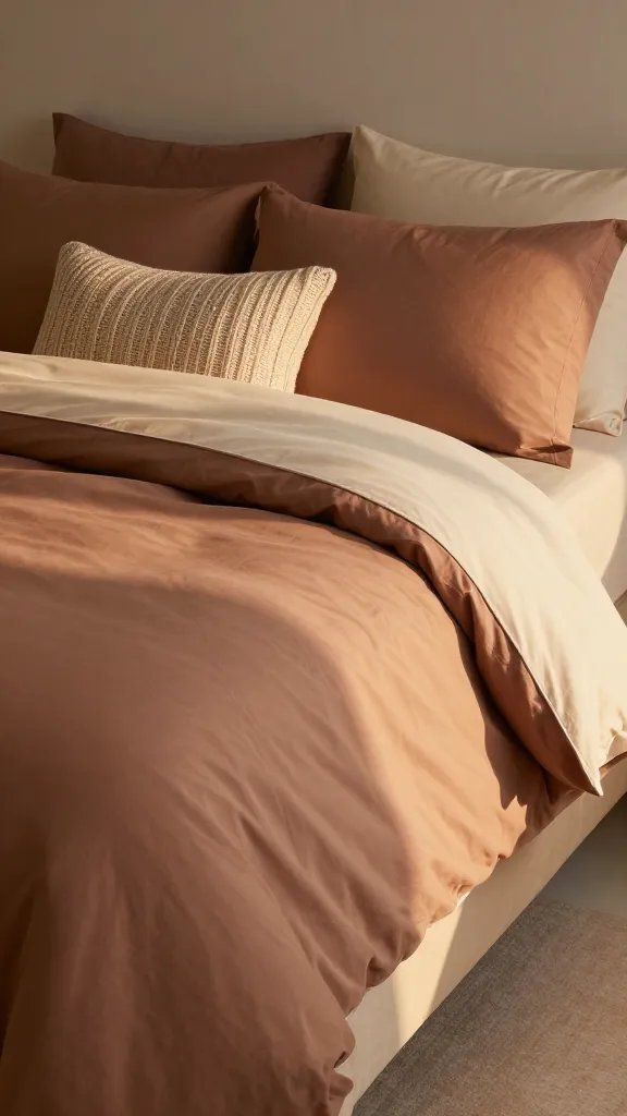 How to Layer Bedding for Cozy, Effortless Nights 9 A bedroom at golden hour: layered bedding in warm hues—sand-colored fitted sheet, ivory flat sheet, muted terracotta duvet, and a knit lumbar pillow—inviting and harmonious.
