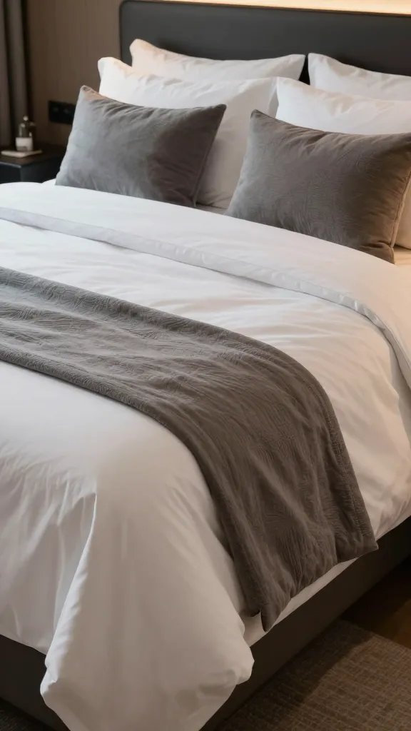 How to Layer Bedding for Cozy, Effortless Nights 11 A lifestyle shot of a hotel-inspired bed at dusk: crisp fitted and flat sheets, a structured duvet with a textured cover, and a plush throw folded at the foot, plus two end-of-bed bolster pillows for depth.