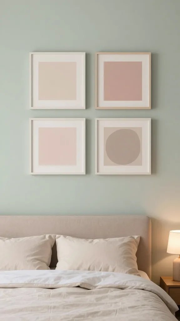 How to Decorate a Bedroom Wall: a Chic Quick Guide 2 A calm, sleep-ready bedroom wall with soft, muted tones (sage green, dusty rose, and warm beige), featuring a minimal square gallery arrangement of three to four frames with cohesive pastel artwork, a low-profile headboard, and a simple, warm bedside lamp.