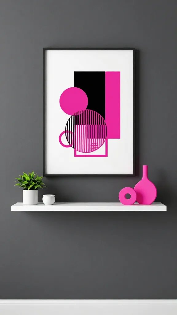How to Decorate a Bedroom Wall: a Chic Quick Guide 3 A punchy Instagram backdrop wall: bold contrast colors (charcoal wall with white and neon pink accents), a large statement art piece with geometric shapes, and a sleek floating shelf holding small plants and decorative objects.