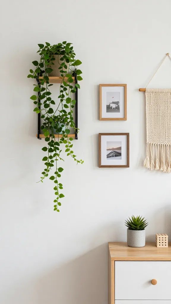 How to Decorate a Bedroom Wall: a Chic Quick Guide 4 A cozy wall vignette for a small bedroom: a vertical plant shelf with cascading greenery, a small curated gallery of three frames in varying sizes, and a woven wall hanging above a slim dresser.