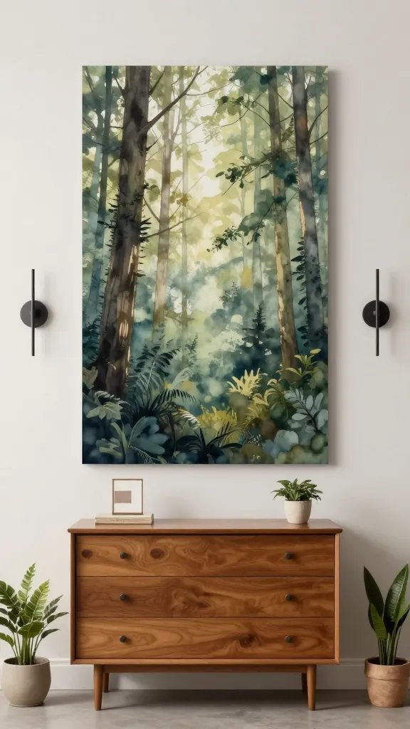 How to Decorate a Bedroom Wall: a Chic Quick Guide 5 A nature-inspired focal wall: a large, calming forest photograph or watercolor mural centered above a mid-century dresser, flanked by two slim wall sconces and a symmetrical pair of small potted plants.