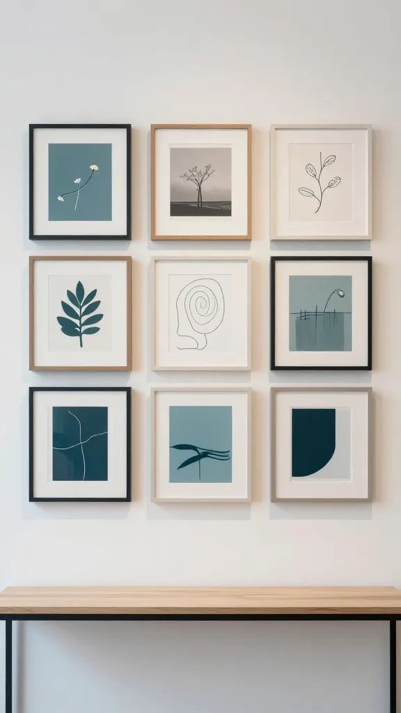 How to Decorate a Bedroom Wall: a Chic Quick Guide 6 A modern gallery wall: an eye-level grid of five to six frames with a cohesive color palette (blues, teals, and soft neutrals), mixed media (photography, line art, and abstract prints), and a narrow console beneath.