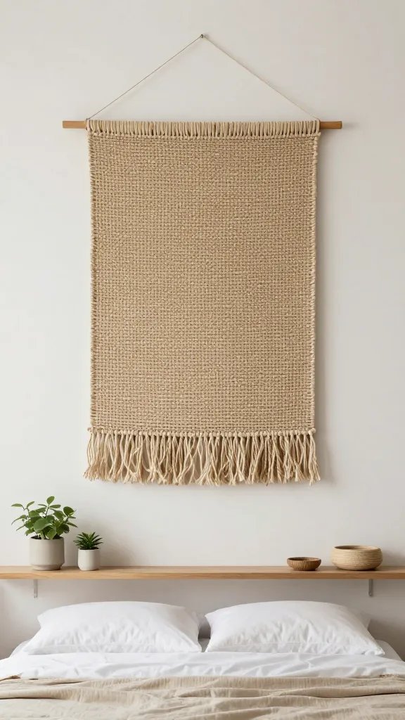 How to Decorate a Bedroom Wall: a Chic Quick Guide 7 A warm, textured focal point: a chunky woven wall hanging or tapestry centered on the wall above a low-profile bed, with two minimalist shelves holding a small plant and a few decorative objects.