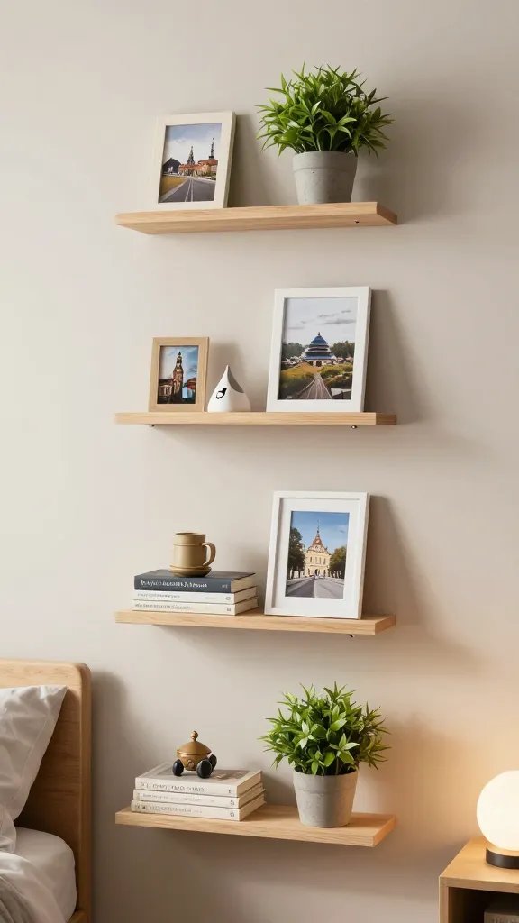 How to Decorate a Bedroom Wall: a Chic Quick Guide 11 A book-and-plant height-building display: a trio of floating shelves arranged at varying heights with a mix of framed photos, a small plant, and a travel-book stack, against a neutral wall and a soft-lit bedside area.