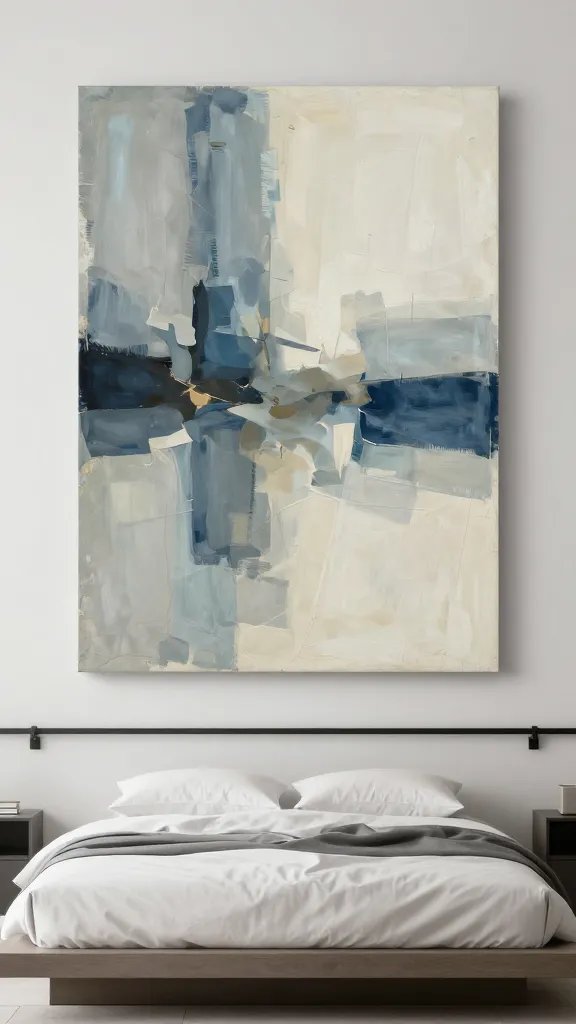 How to Decorate a Bedroom Wall: a Chic Quick Guide 10 An oversized statement canvas without shouting: a single large abstract artwork in a cohesive color palette (blues, grays, and cream) hung above a platform bed, complemented by a slim black metal picture rail.