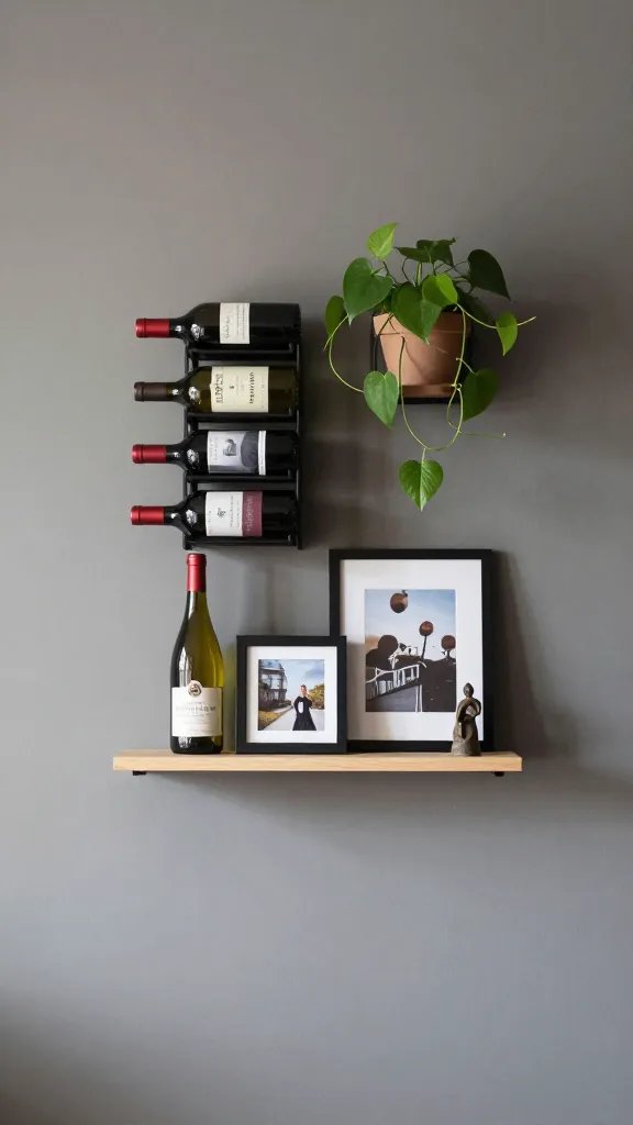 How to Decorate a Bedroom Wall: a Chic Quick Guide 9 A shelf-backed focal wall: a wine rack or decorative shelf with a few stacked wine bottles or plants, a couple of framed photos, and a small sculpture, all arranged to create vertical interest on a muted wall.
