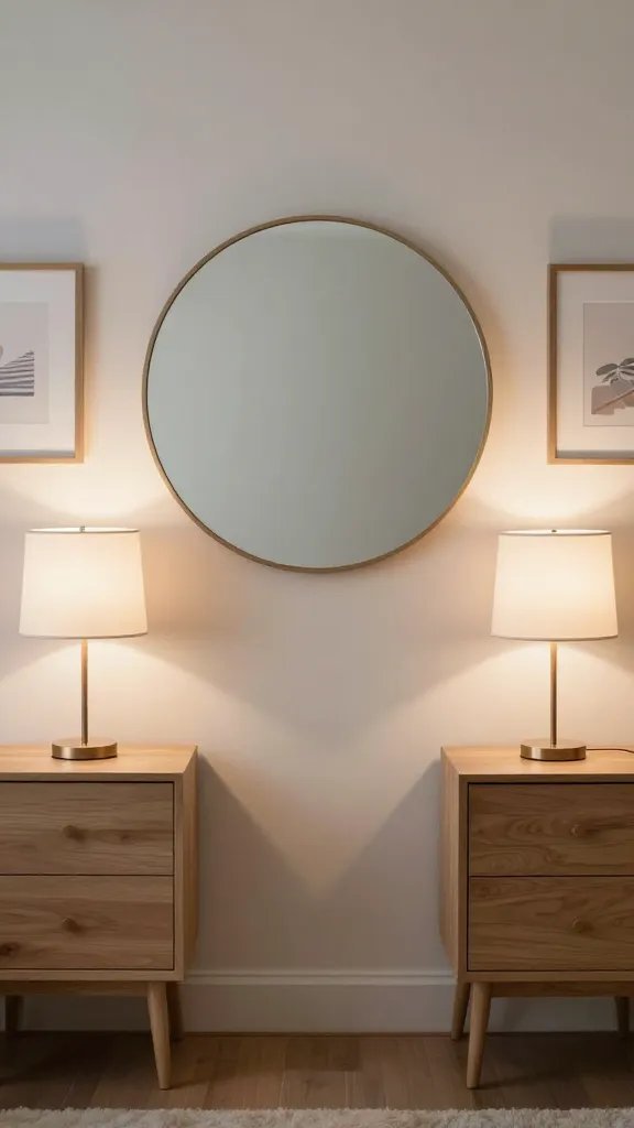 How to Decorate a Bedroom Wall: a Chic Quick Guide 8 A serene symmetry wall: two matching nightstands with identical lamps, a centered large round mirror between them, and a simple framed print on each side, with soft ambient lighting to create a balanced, sleep-friendly backdrop.