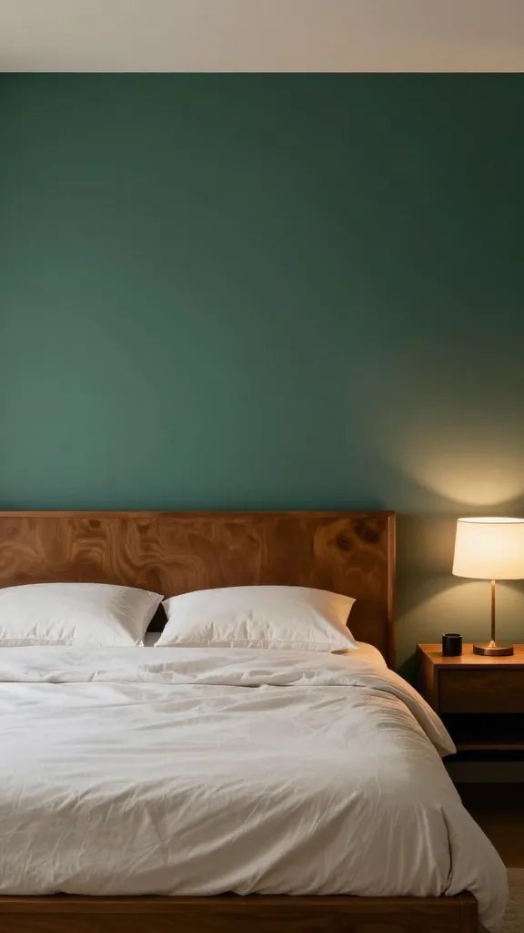 A cozy bedroom with a lacquered headboard against a softly painted focal wall in a muted jewel-toned color (deep emerald) behind the bed, with a minimalist nightstands and warm ambient lighting, no text, high-resolution capture.