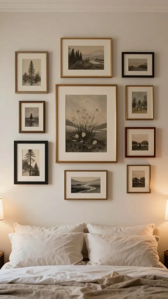 Close-up of a gallery-style art arrangement centered above the bed, featuring a large central piece surrounded by evenly spaced smaller pieces, frames in mixed metallics, soft neutral bedding, warm wall lighting.