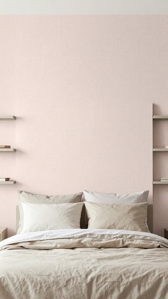 A chic bed wall featuring a single bold wallpaper panel behind the headboard in a subtle blush geometric pattern, with neutral bedding and understated shelves flanking the bed.
