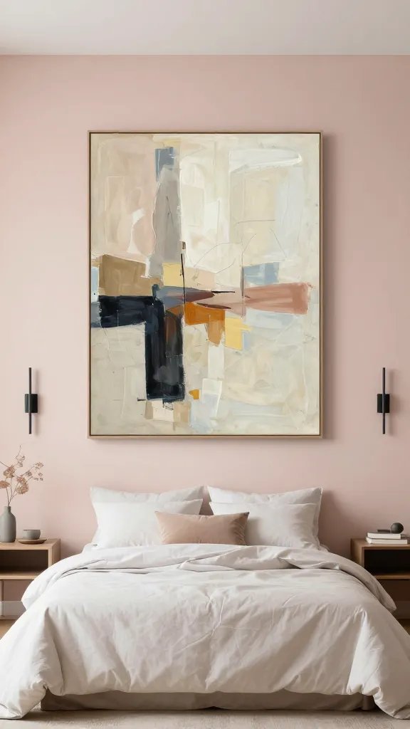A dramatic focal wall painted in soft blush with a single oversized abstract painting centered above the bed, flanked by slim vertical sconces and minimal decor on bedside tables.
