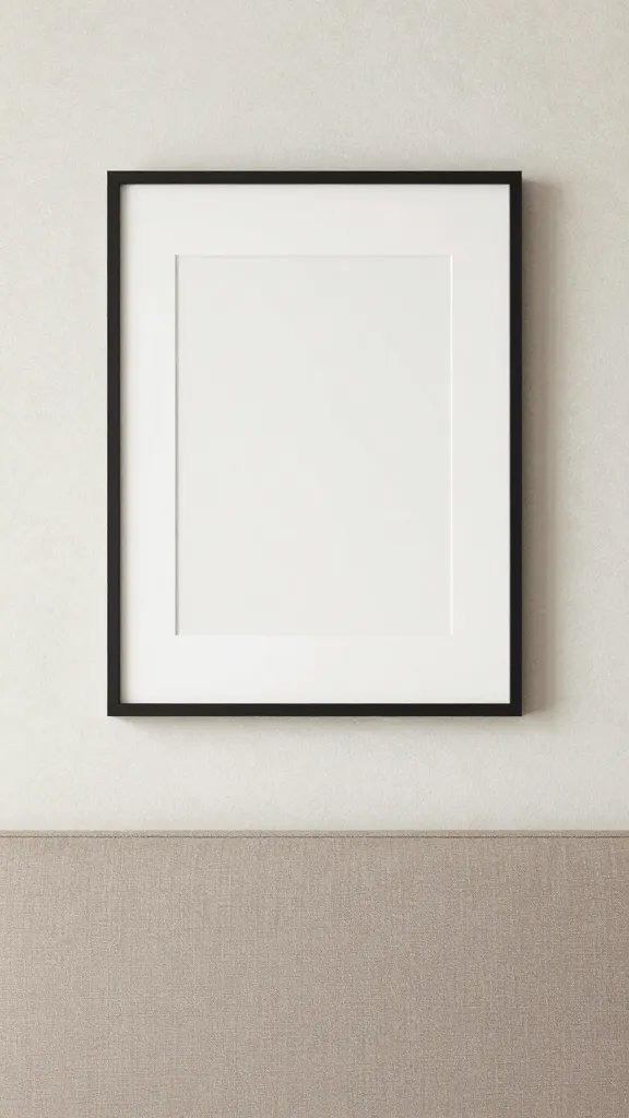 A studio-shot perspective showing a headboard with a single statement art piece centered, large enough to anchor the wall, with a subtle texture wallpaper in the background and soft textiles.