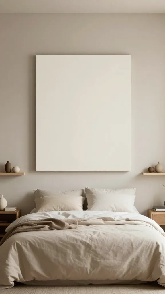 A minimalist chic setup: one oversized canvas centered above the bed, flanked by two slim shelves holding small decorative objects, neutral bedding, and warm-toned lighting.