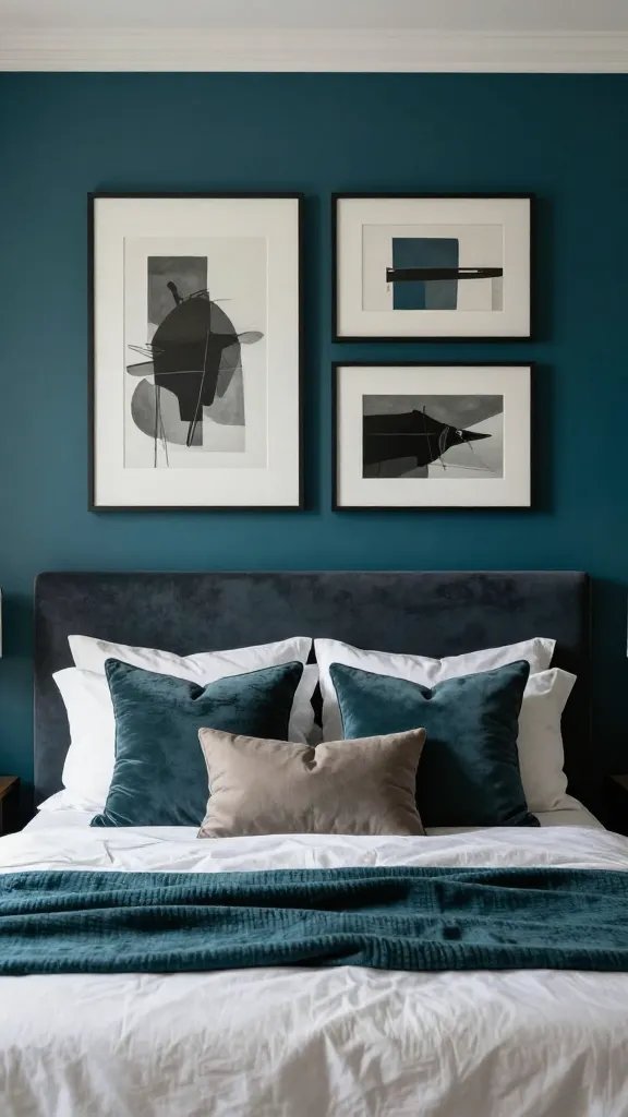A luxurious mood with a deep jewel-toned wall behind the headboard, a large symmetrical art arrangement above the bed, and layered textiles (throw blanket, pillows) in coordinating colors.