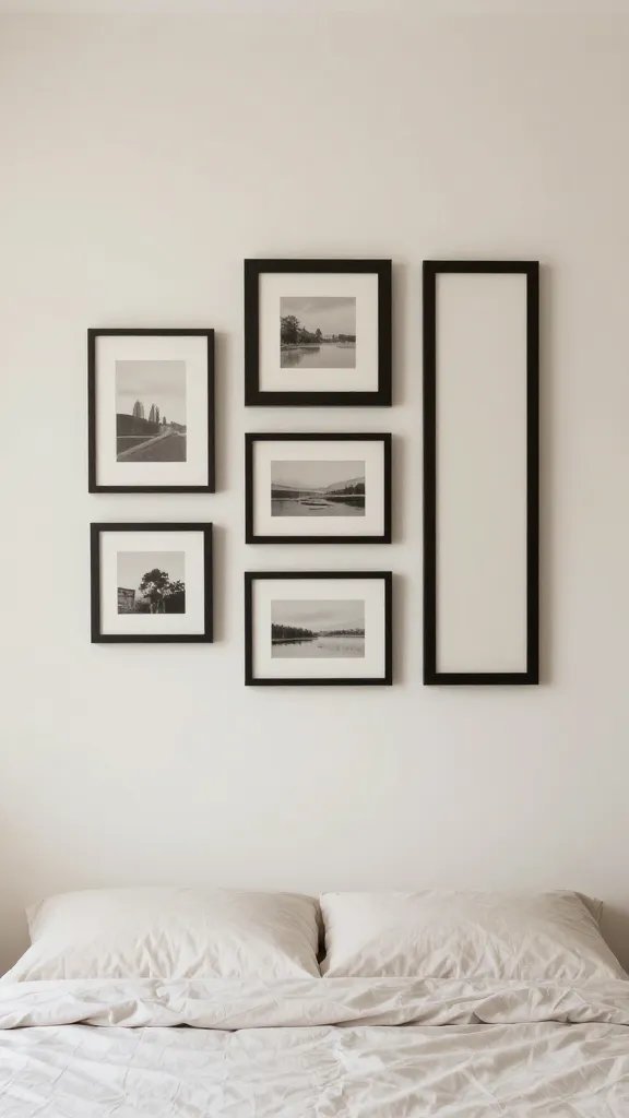 A gallery wall in a balanced rhythm: a mix of frames of varying sizes and a single tall vertical piece, arranged to align with the bed width, soft wall color, and a simple, calm bed setup.